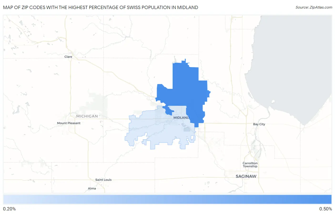 Zip Codes with the Highest Percentage of Swiss Population in Midland Map