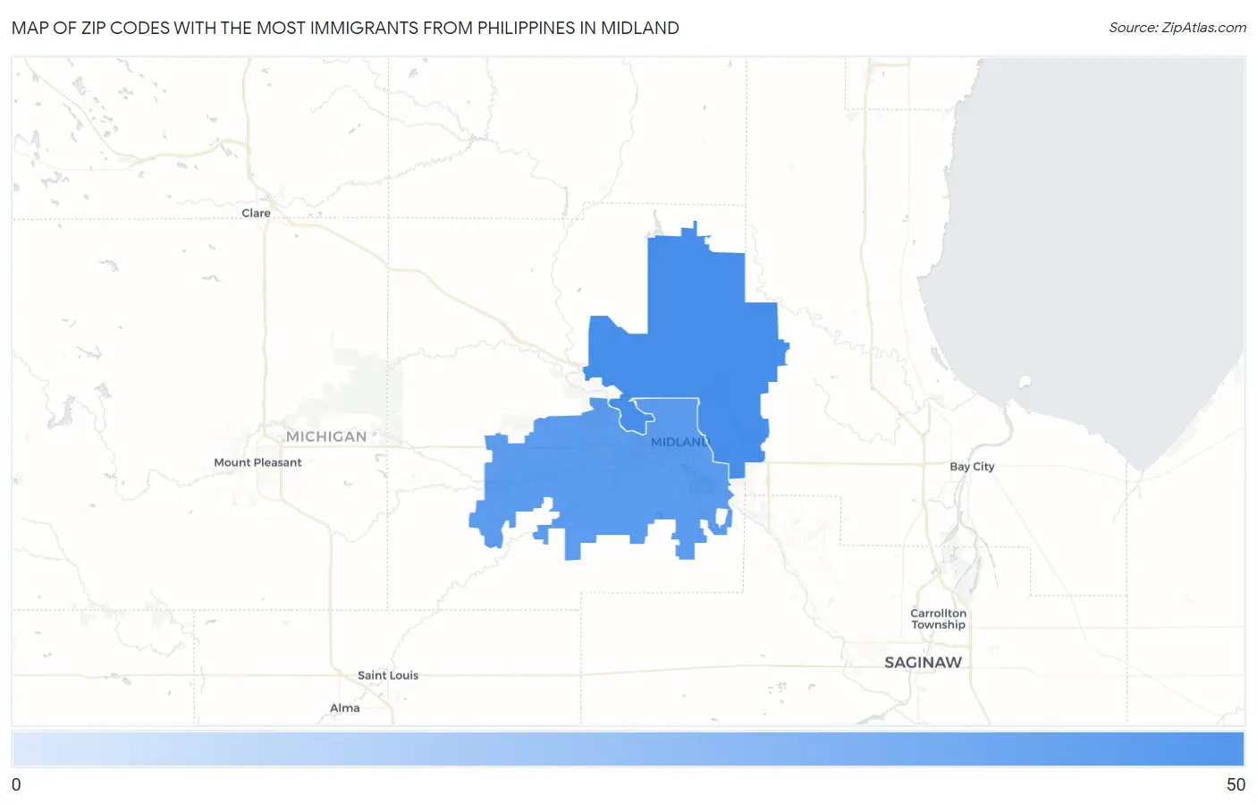 Zip Codes with the Most Immigrants from Philippines in Midland Map