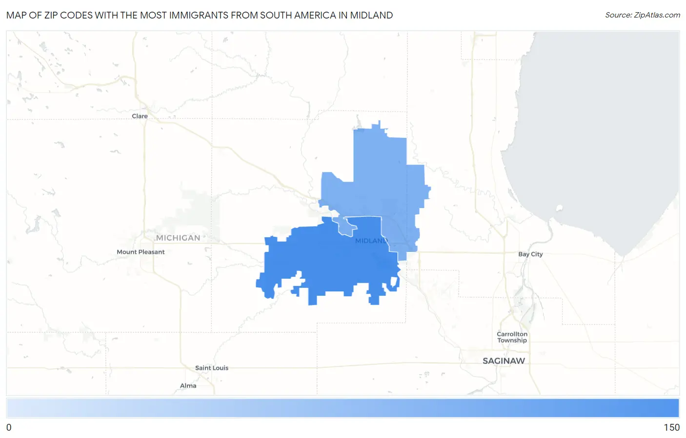 Zip Codes with the Most Immigrants from South America in Midland Map