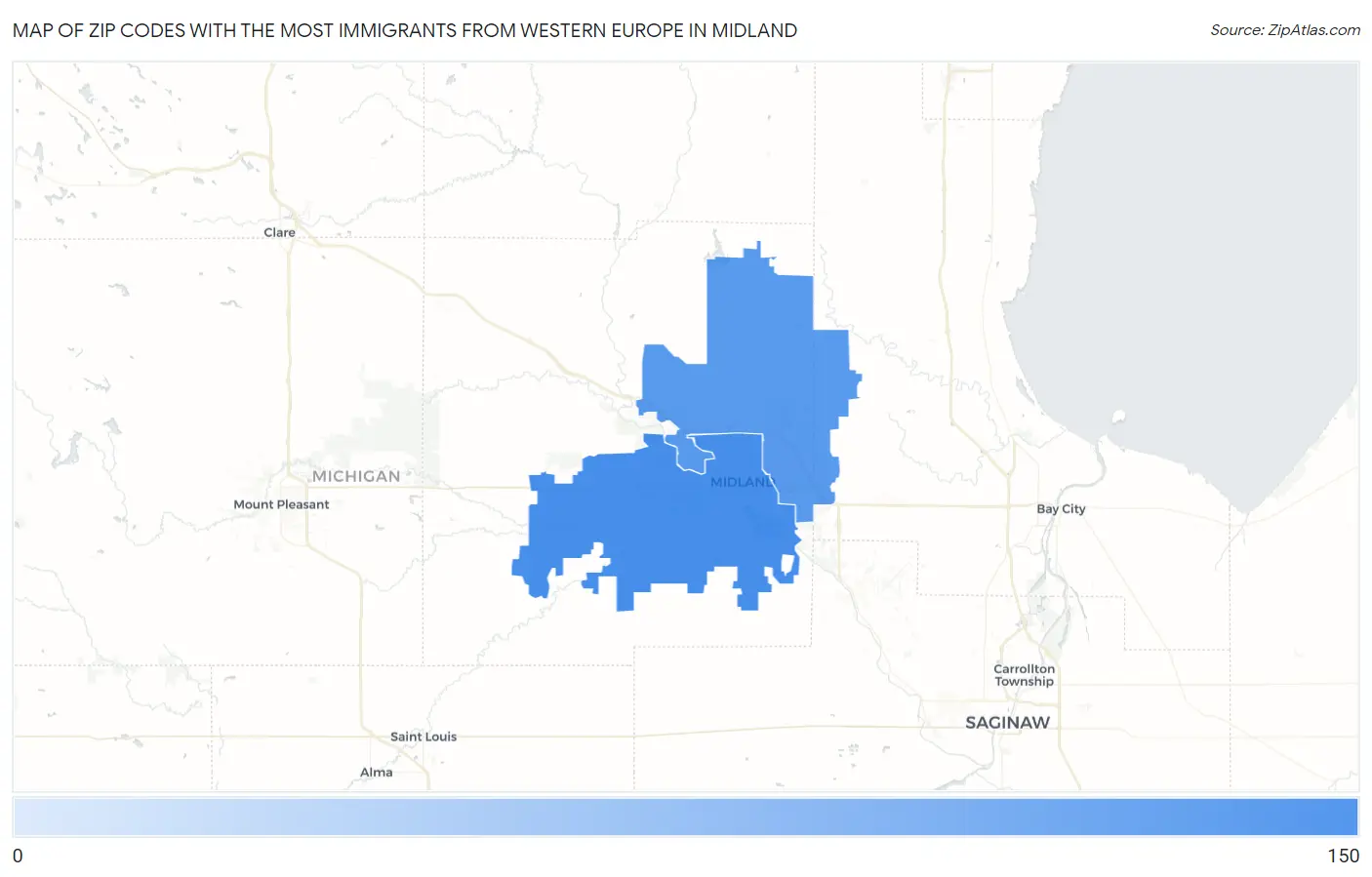 Zip Codes with the Most Immigrants from Western Europe in Midland Map