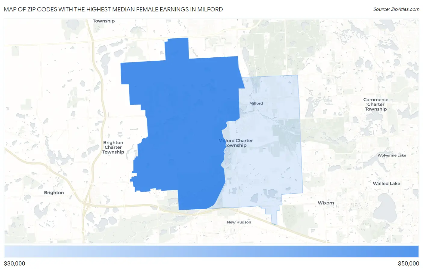 Zip Codes with the Highest Median Female Earnings in Milford Map