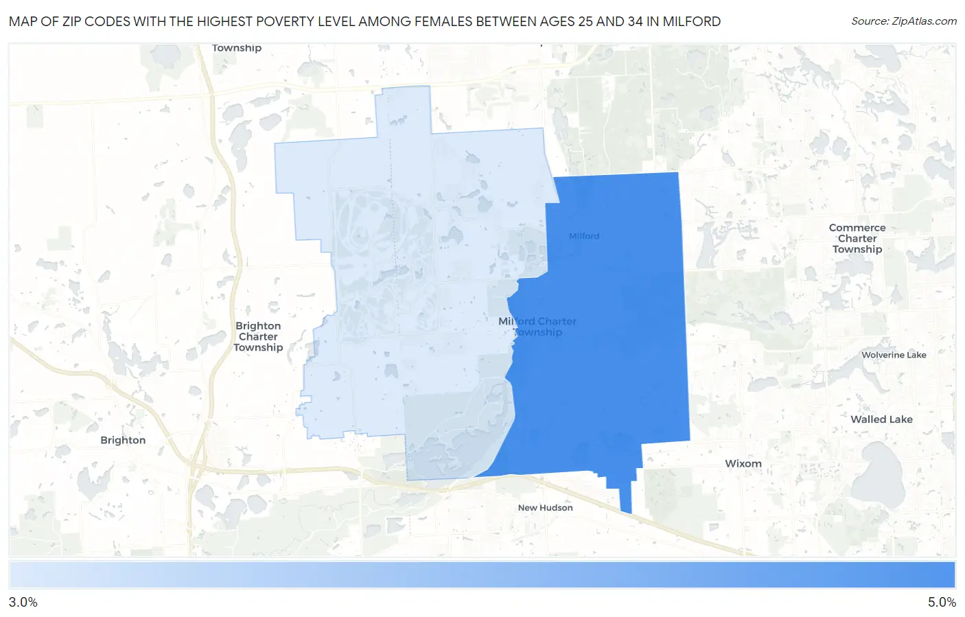 Zip Codes with the Highest Poverty Level Among Females Between Ages 25 and 34 in Milford Map