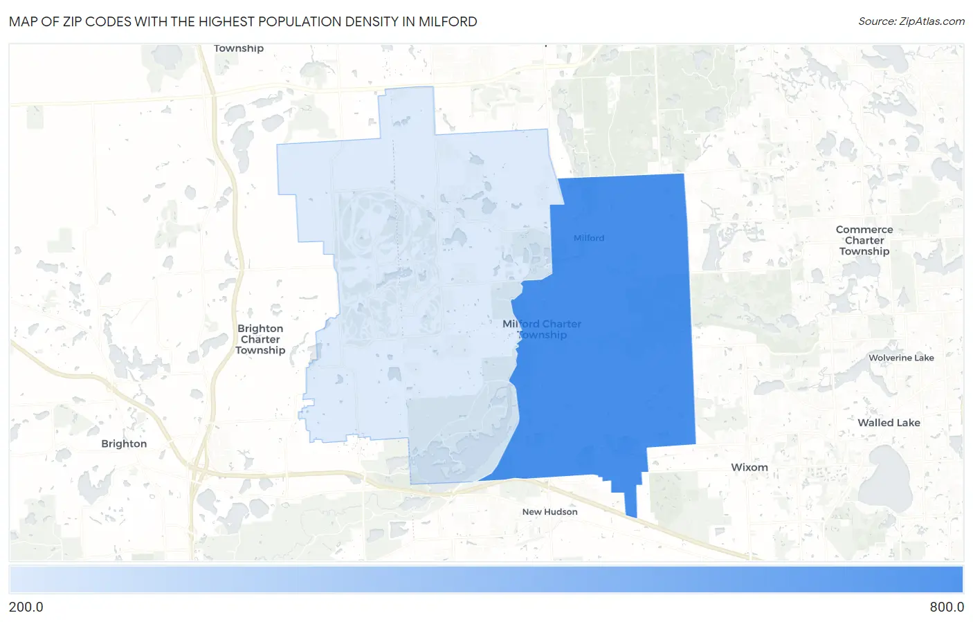 Zip Codes with the Highest Population Density in Milford Map