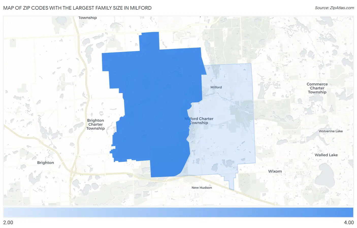 Zip Codes with the Largest Family Size in Milford Map