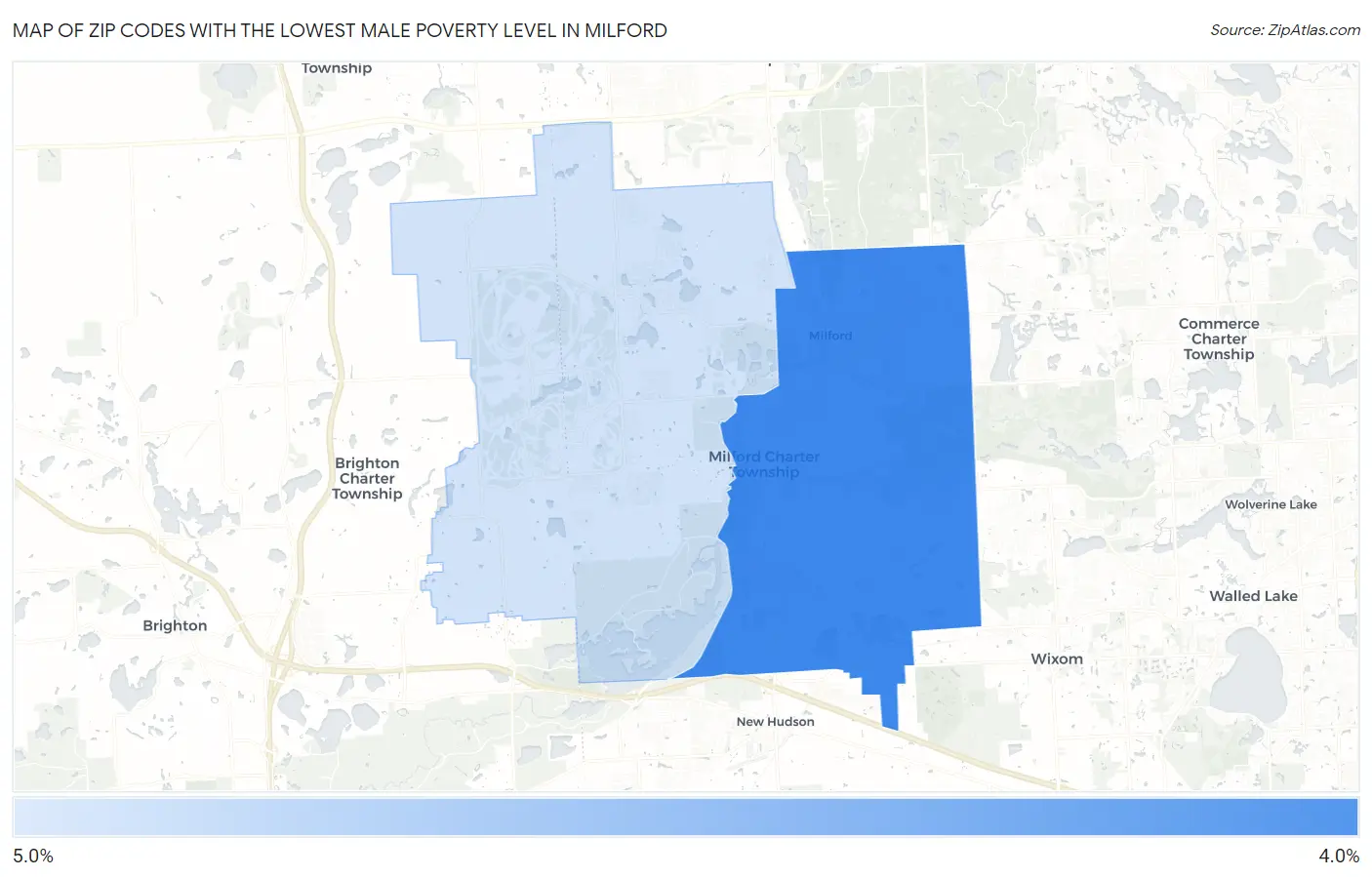 Zip Codes with the Lowest Male Poverty Level in Milford Map