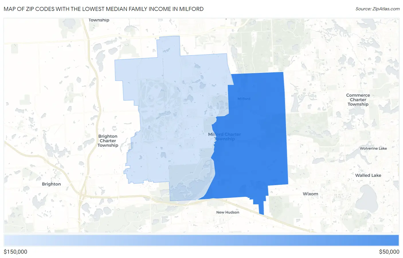 Zip Codes with the Lowest Median Family Income in Milford Map
