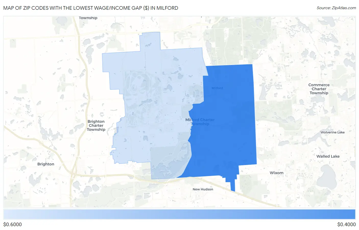 Zip Codes with the Lowest Wage/Income Gap ($) in Milford Map