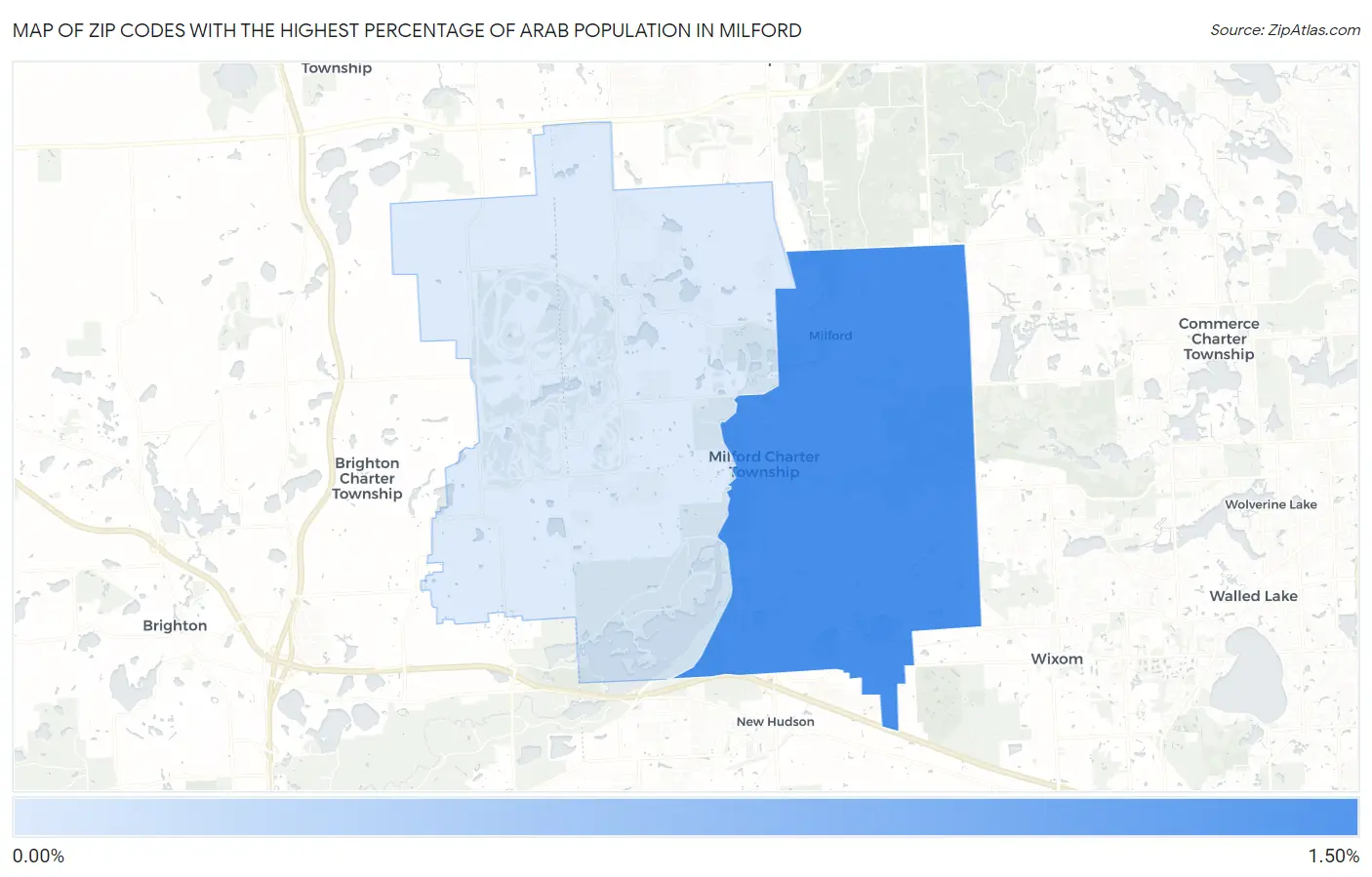 Zip Codes with the Highest Percentage of Arab Population in Milford Map