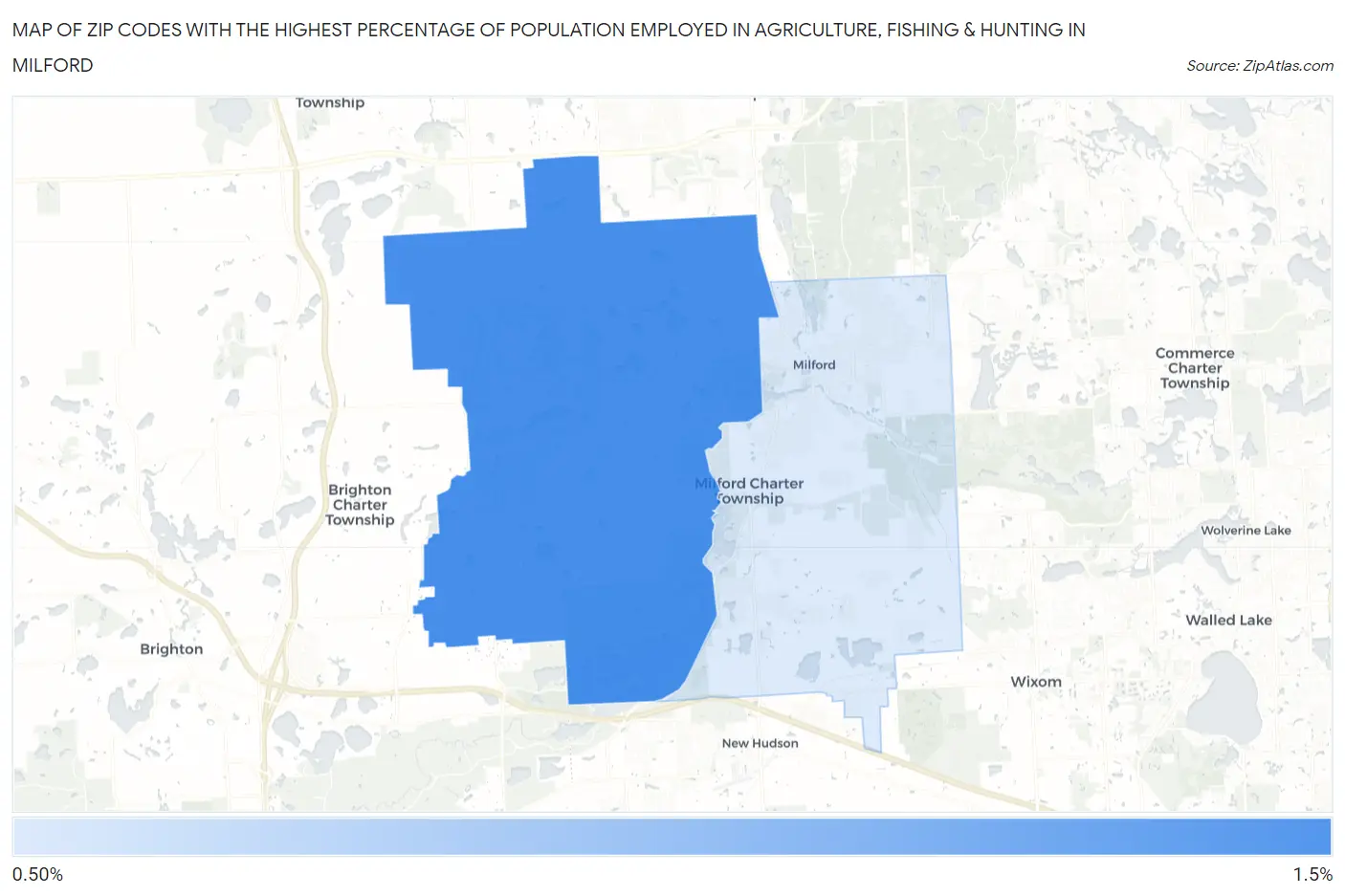 Zip Codes with the Highest Percentage of Population Employed in Agriculture, Fishing & Hunting in Milford Map