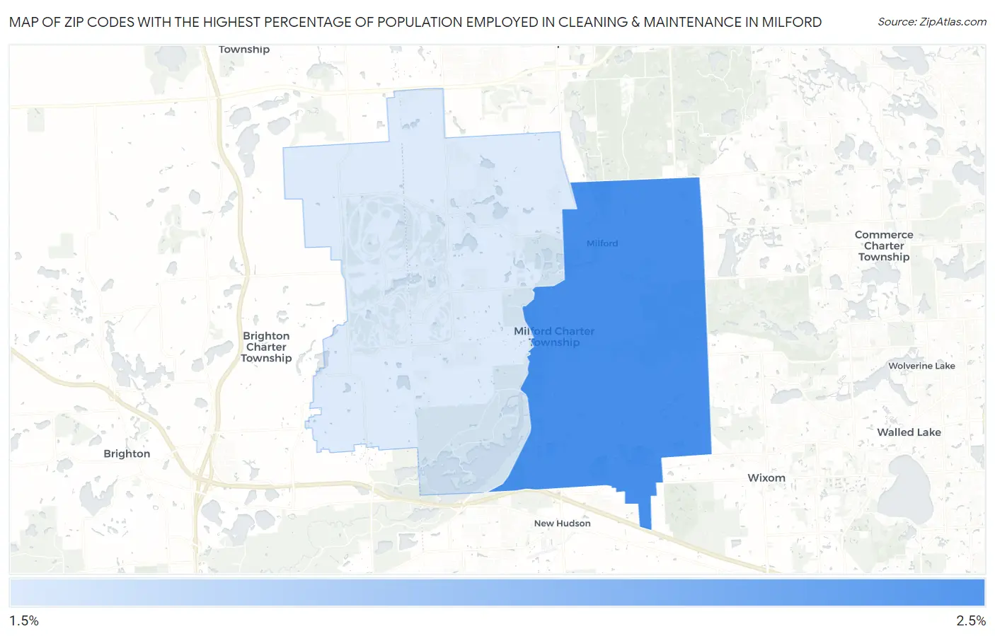 Zip Codes with the Highest Percentage of Population Employed in Cleaning & Maintenance in Milford Map