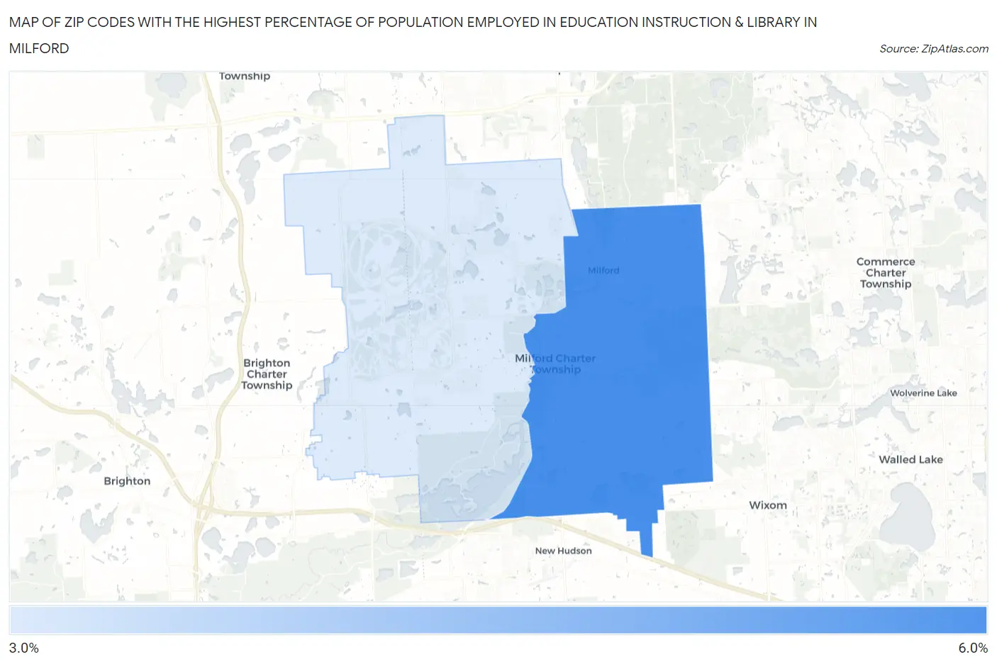 Zip Codes with the Highest Percentage of Population Employed in Education Instruction & Library in Milford Map