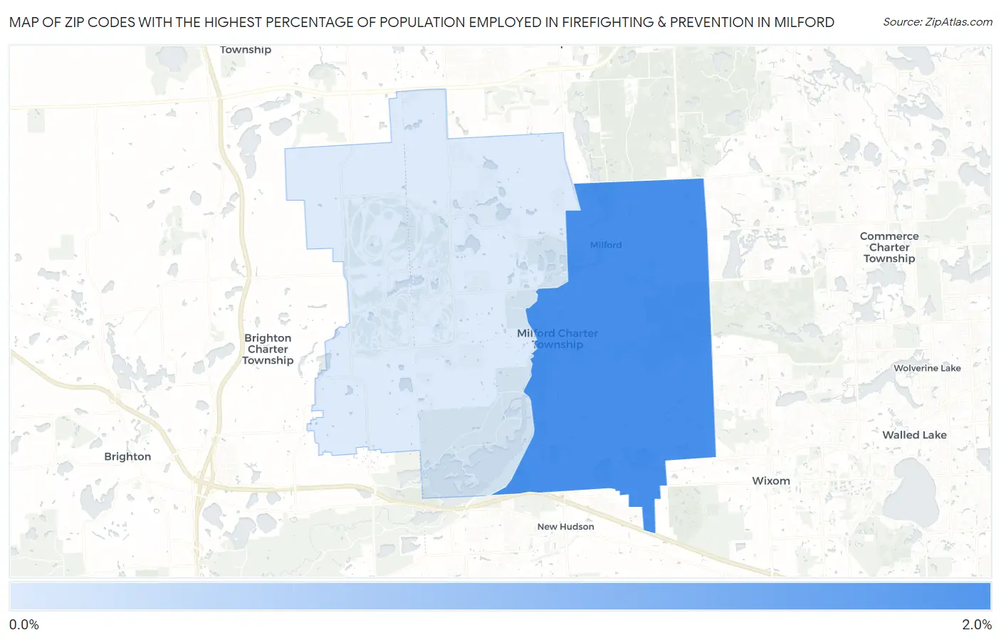 Zip Codes with the Highest Percentage of Population Employed in Firefighting & Prevention in Milford Map