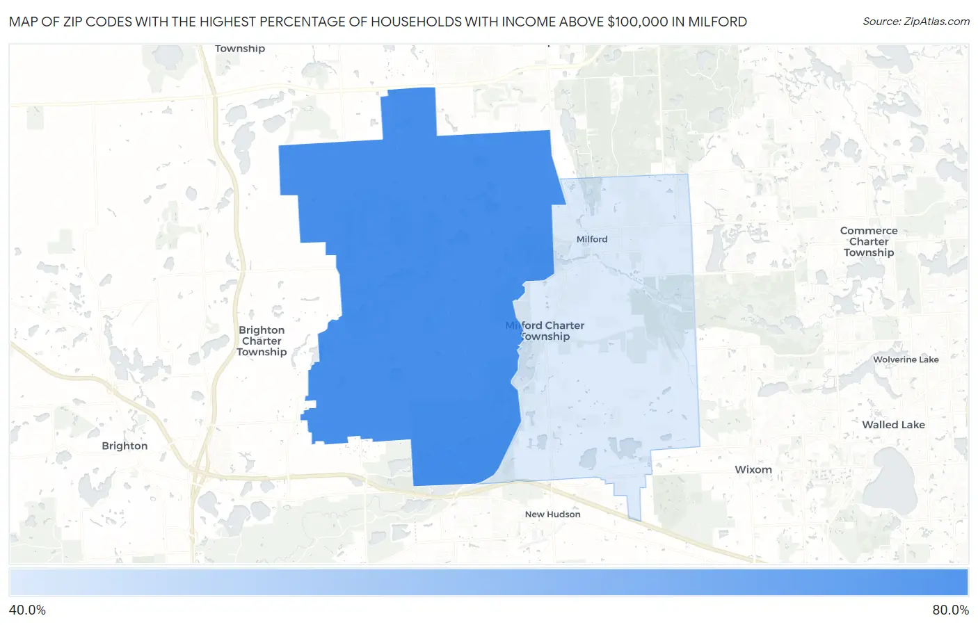 Zip Codes with the Highest Percentage of Households with Income Above $100,000 in Milford Map