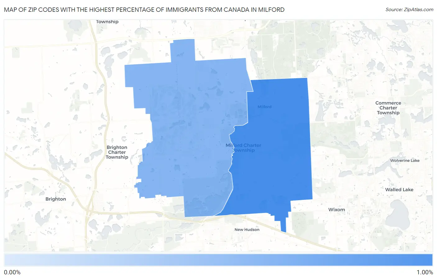 Zip Codes with the Highest Percentage of Immigrants from Canada in Milford Map