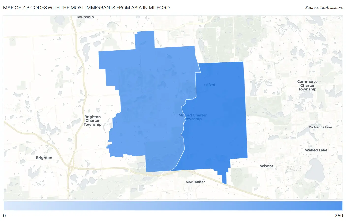 Zip Codes with the Most Immigrants from Asia in Milford Map
