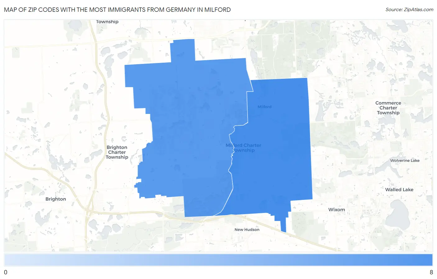 Zip Codes with the Most Immigrants from Germany in Milford Map