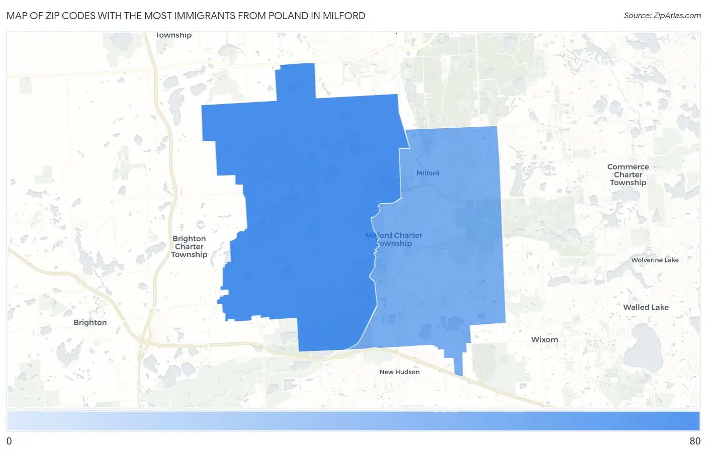 Zip Codes with the Most Immigrants from Poland in Milford Map