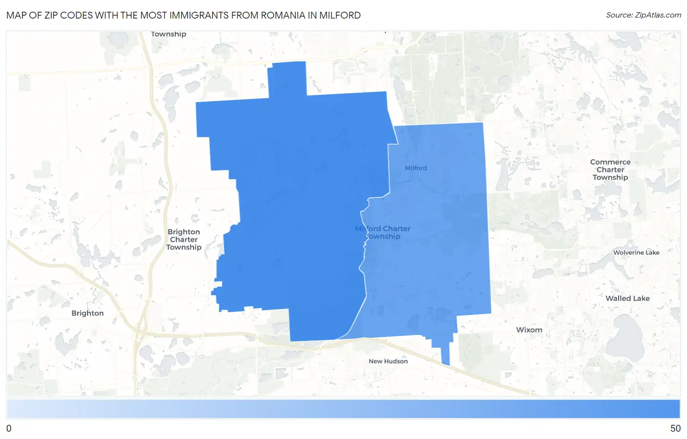 Zip Codes with the Most Immigrants from Romania in Milford Map