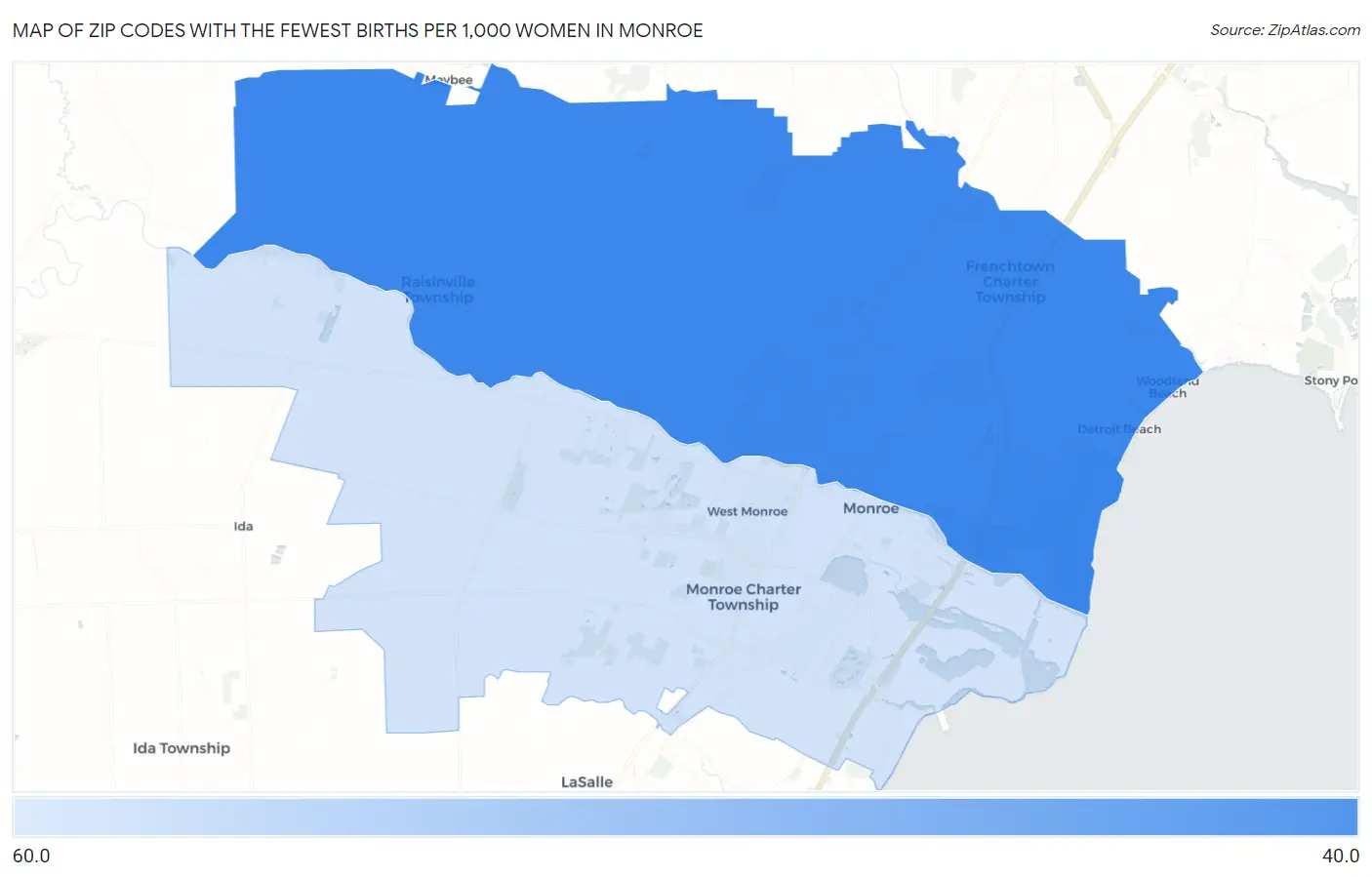 Zip Codes with the Fewest Births per 1,000 Women in Monroe Map