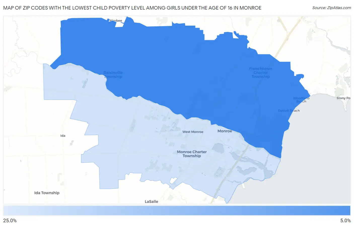 Zip Codes with the Lowest Child Poverty Level Among Girls Under the Age of 16 in Monroe Map