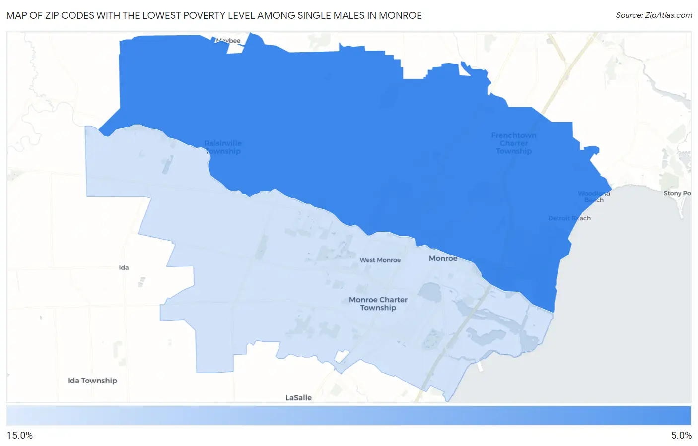 Zip Codes with the Lowest Poverty Level Among Single Males in Monroe Map