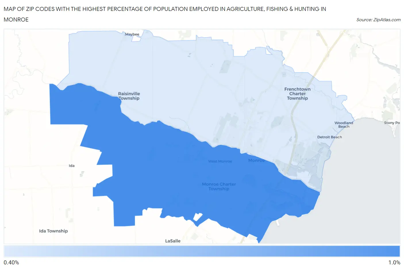 Zip Codes with the Highest Percentage of Population Employed in Agriculture, Fishing & Hunting in Monroe Map