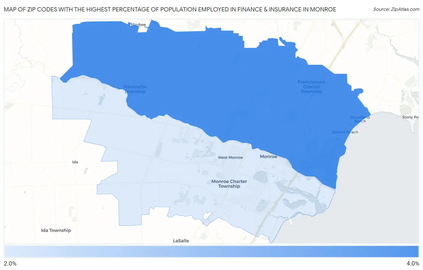 Zip Codes with the Highest Percentage of Population Employed in Finance & Insurance in Monroe Map