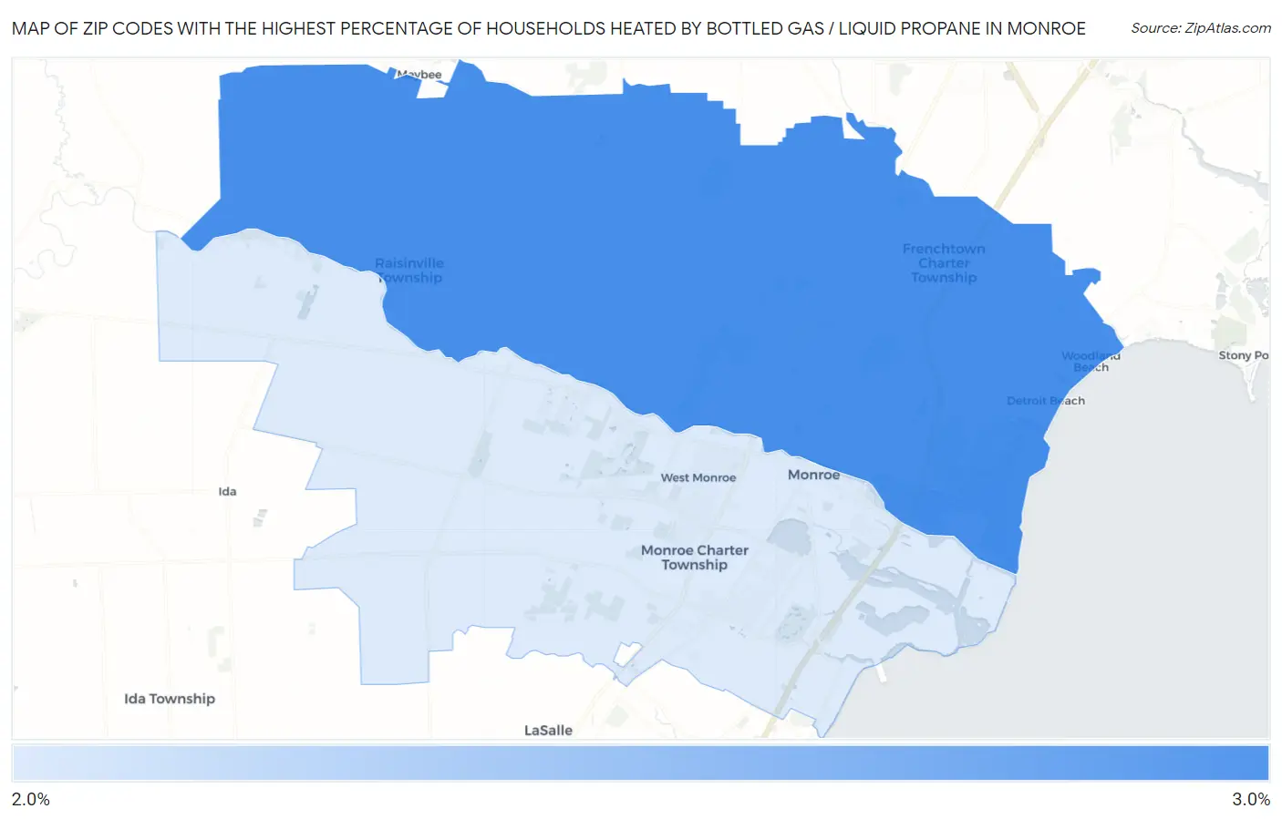 Zip Codes with the Highest Percentage of Households Heated by Bottled Gas / Liquid Propane in Monroe Map
