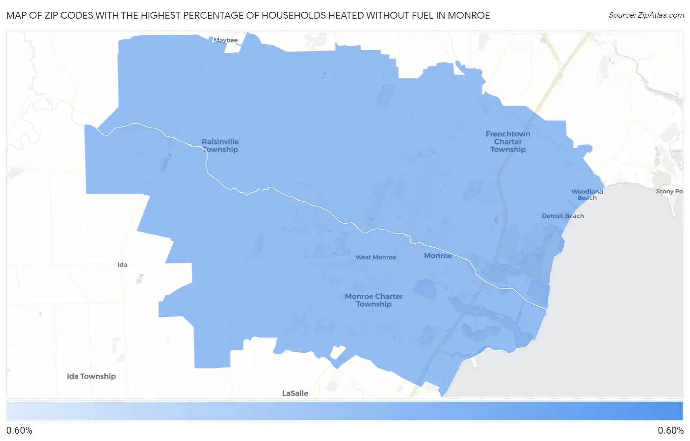 Zip Codes with the Highest Percentage of Households Heated without Fuel in Monroe Map