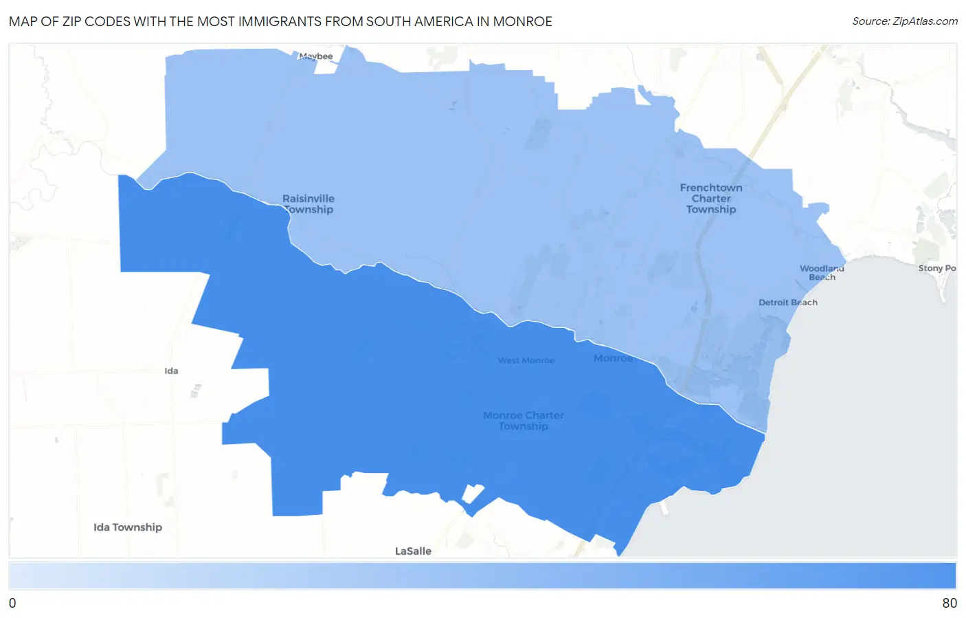 Zip Codes with the Most Immigrants from South America in Monroe Map