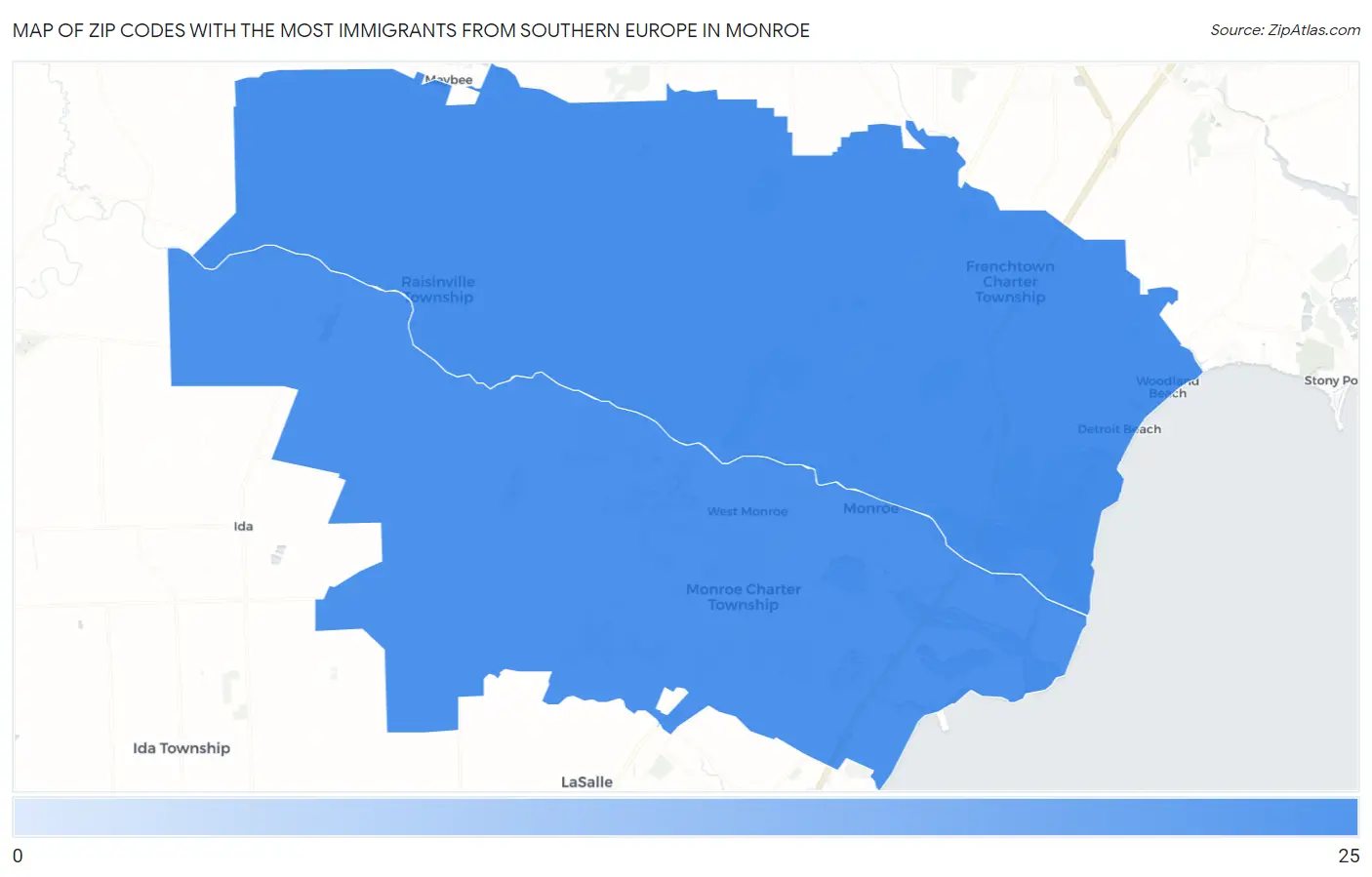 Zip Codes with the Most Immigrants from Southern Europe in Monroe Map