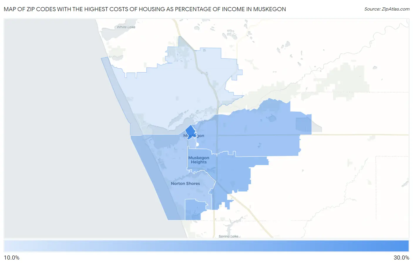 Zip Codes with the Highest Costs of Housing as Percentage of Income in Muskegon Map