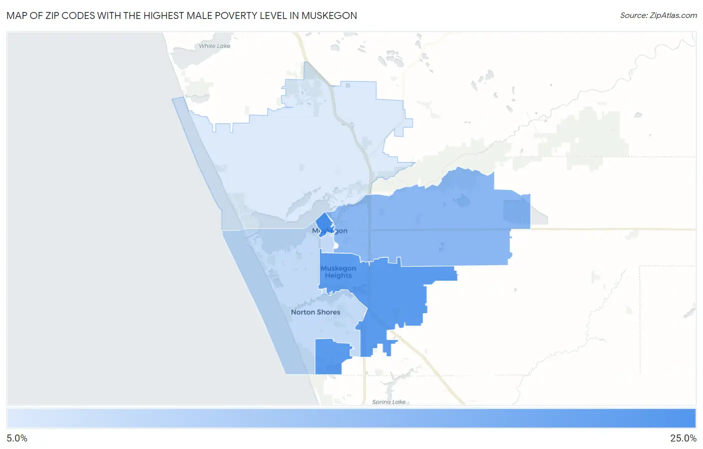 Zip Codes with the Highest Male Poverty Level in Muskegon Map
