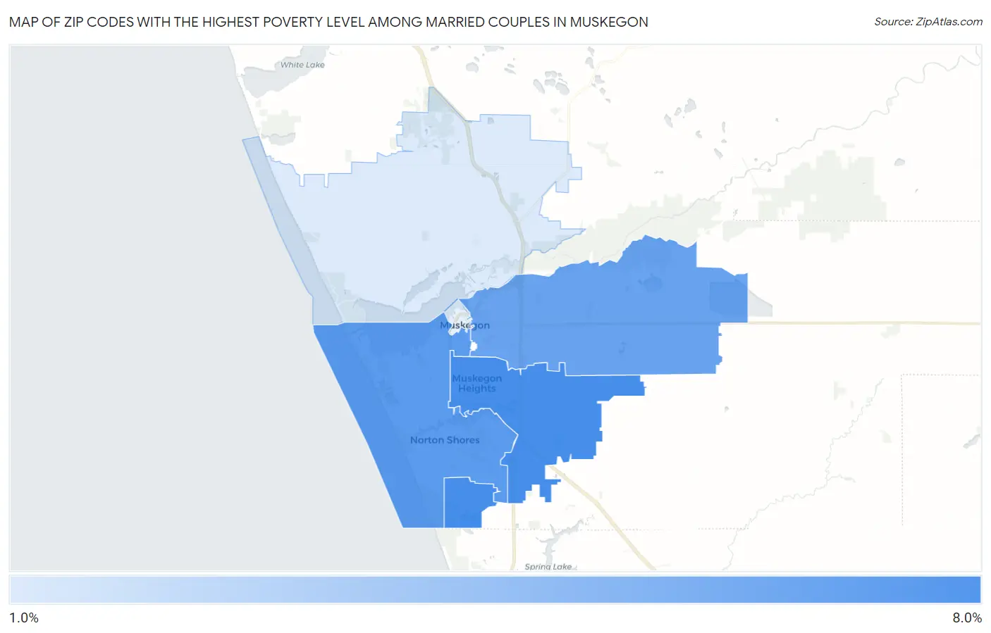 Zip Codes with the Highest Poverty Level Among Married Couples in Muskegon Map