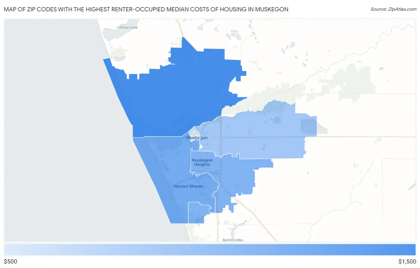 Zip Codes with the Highest Renter-Occupied Median Costs of Housing in Muskegon Map