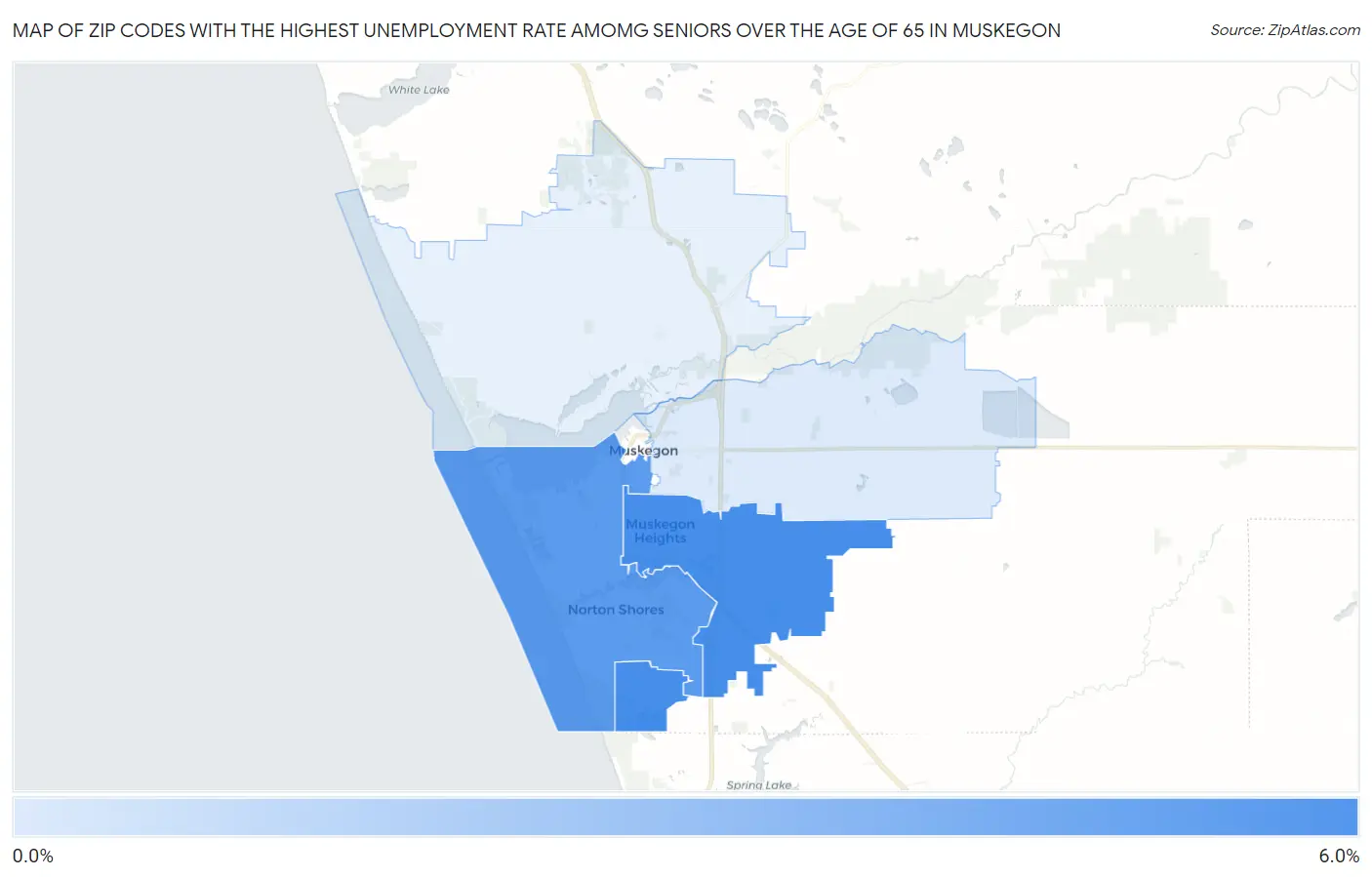 Zip Codes with the Highest Unemployment Rate Amomg Seniors Over the Age of 65 in Muskegon Map