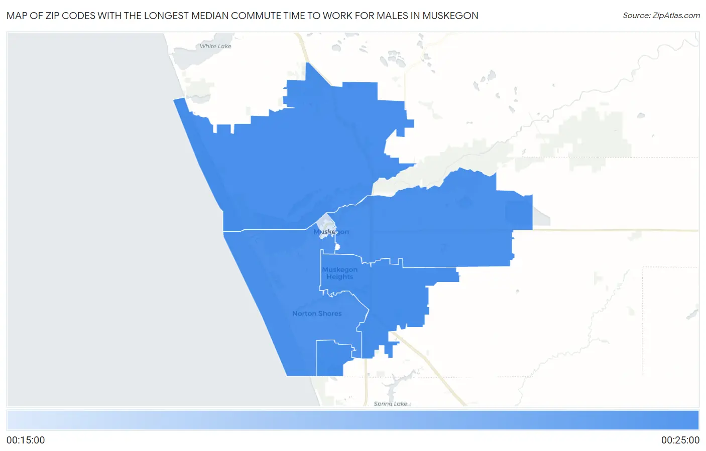 Zip Codes with the Longest Median Commute Time to Work for Males in Muskegon Map