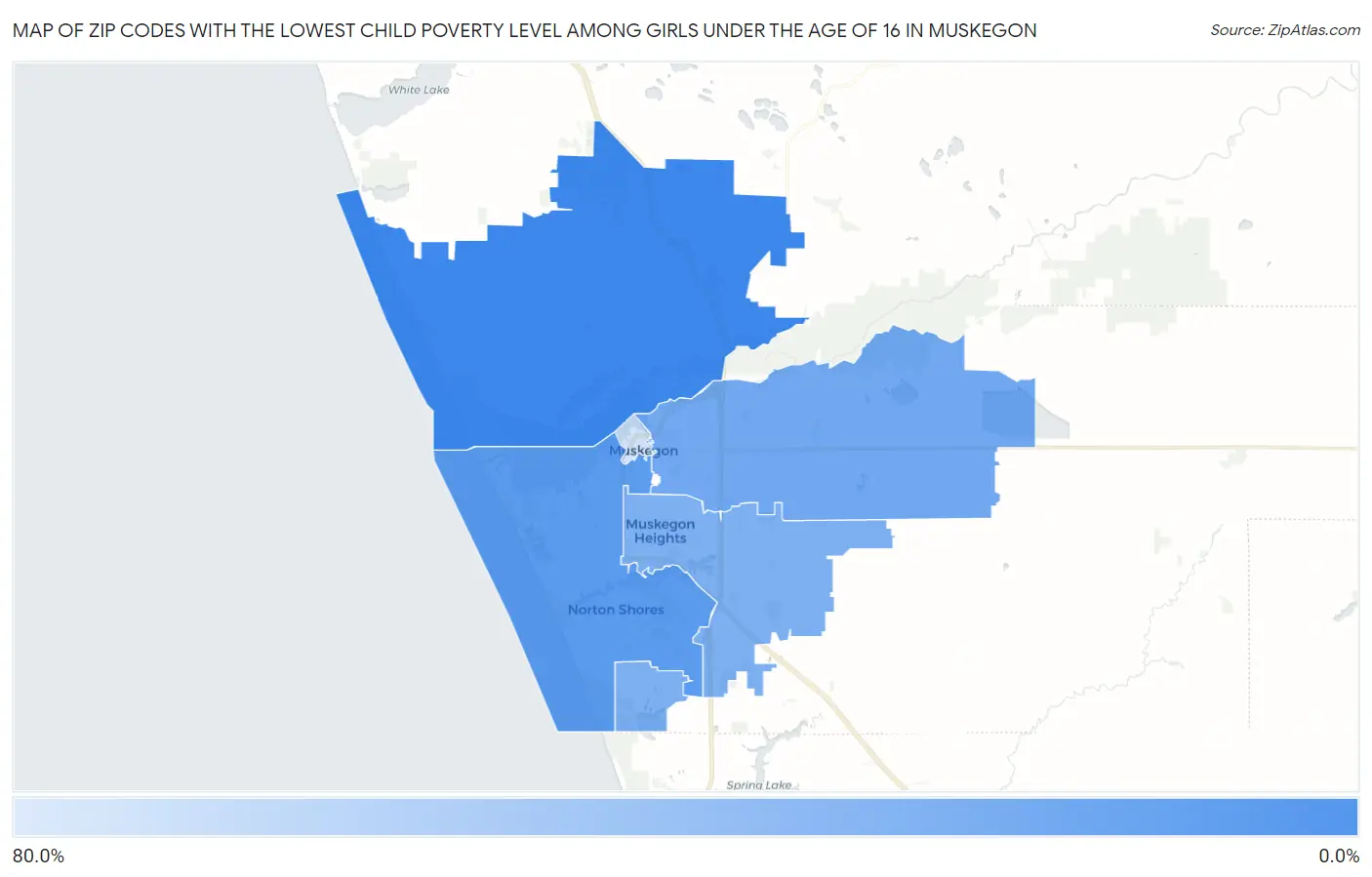 Zip Codes with the Lowest Child Poverty Level Among Girls Under the Age of 16 in Muskegon Map