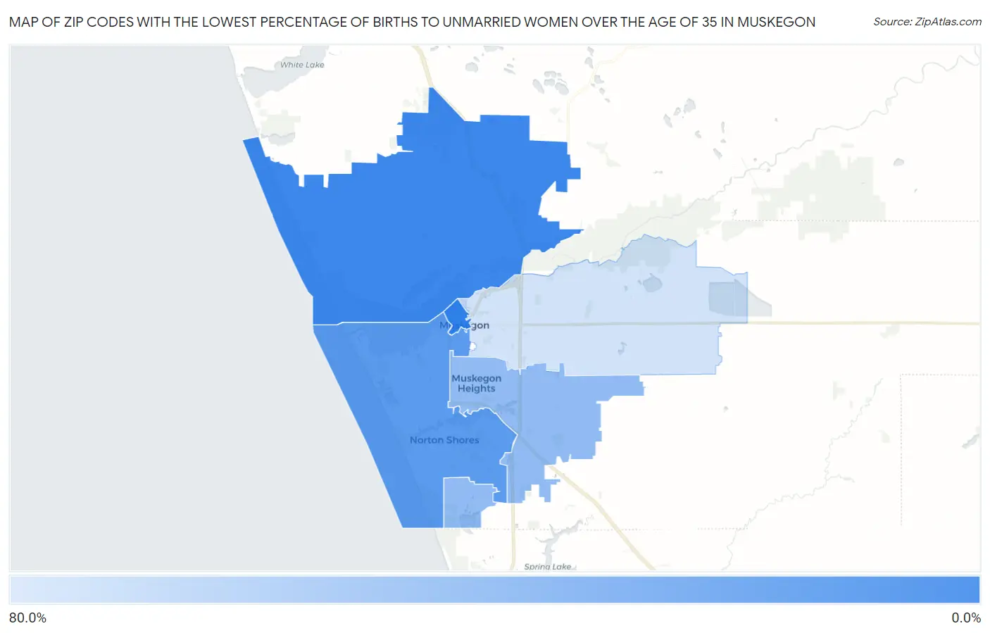 Zip Codes with the Lowest Percentage of Births to Unmarried Women over the Age of 35 in Muskegon Map