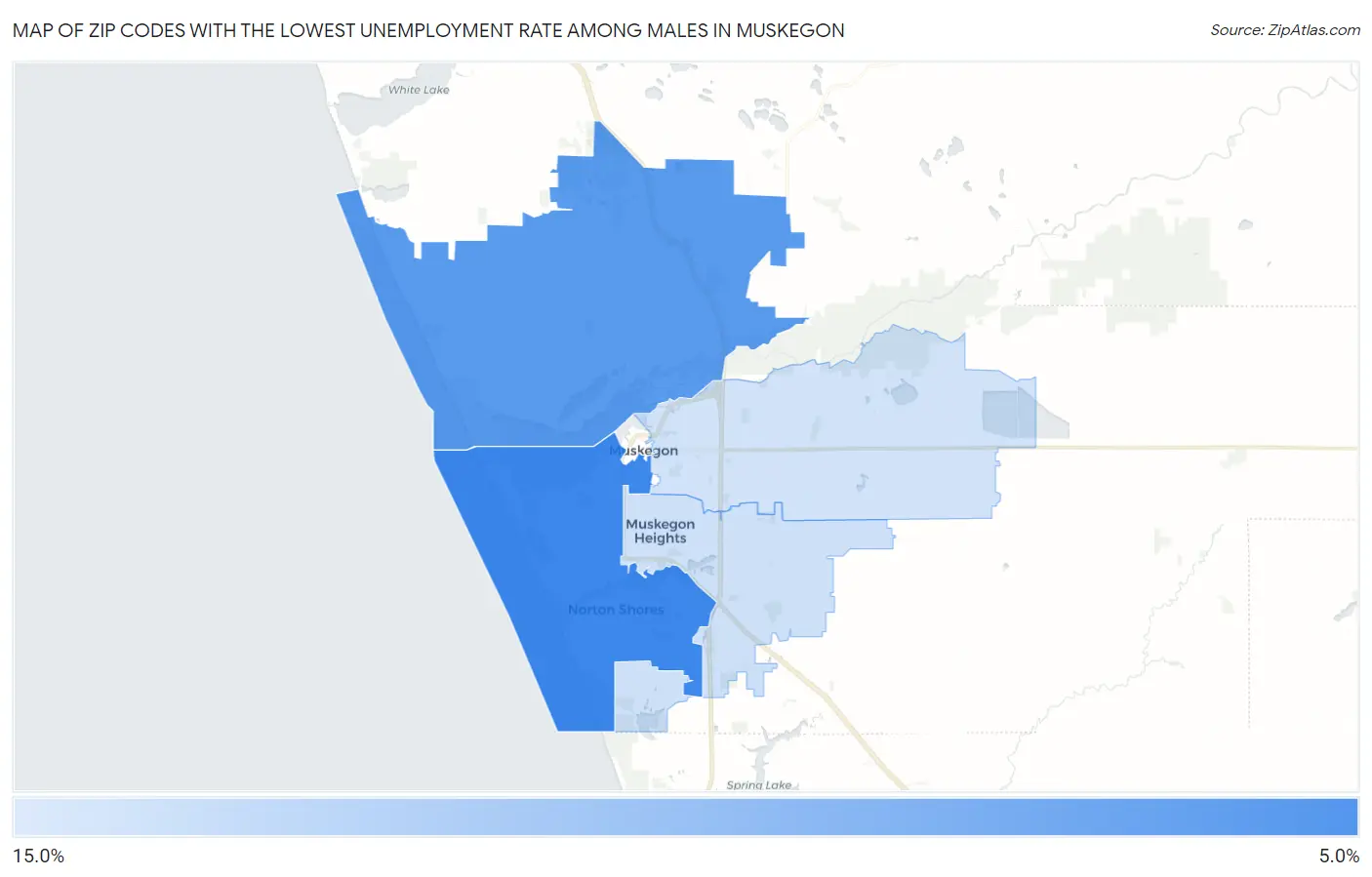 Zip Codes with the Lowest Unemployment Rate Among Males in Muskegon Map