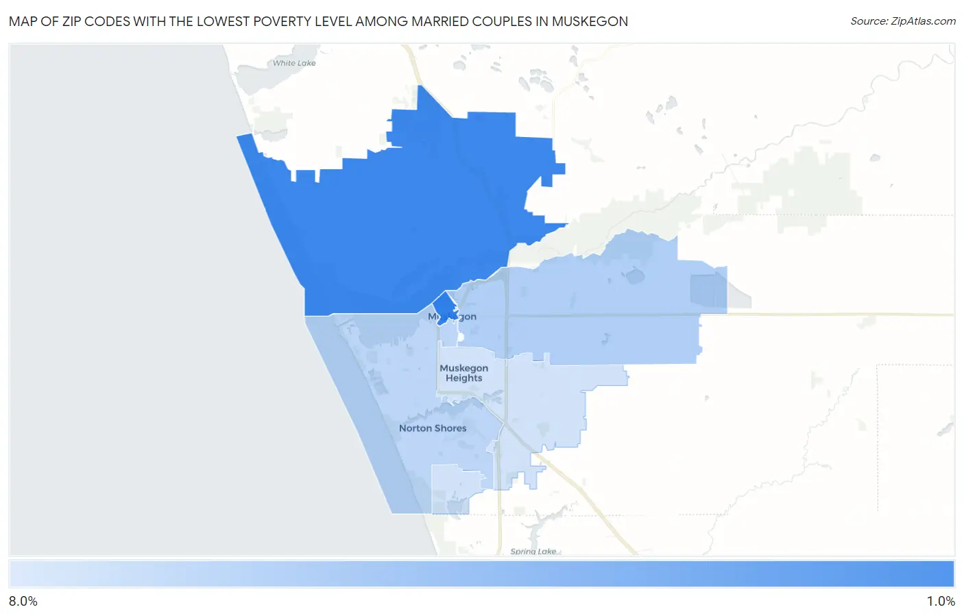 Zip Codes with the Lowest Poverty Level Among Married Couples in Muskegon Map