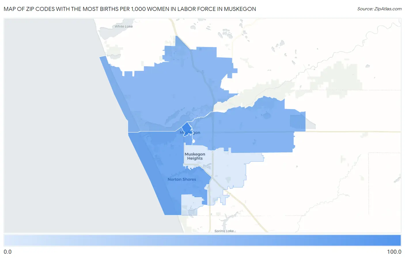 Zip Codes with the Most Births per 1,000 Women in Labor Force in Muskegon Map