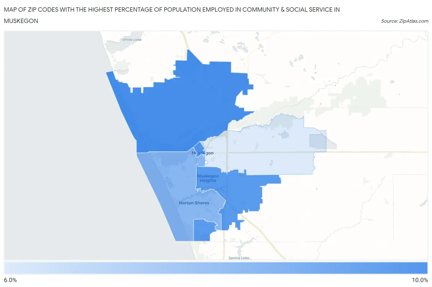 Zip Codes with the Highest Percentage of Population Employed in Community & Social Service  in Muskegon Map