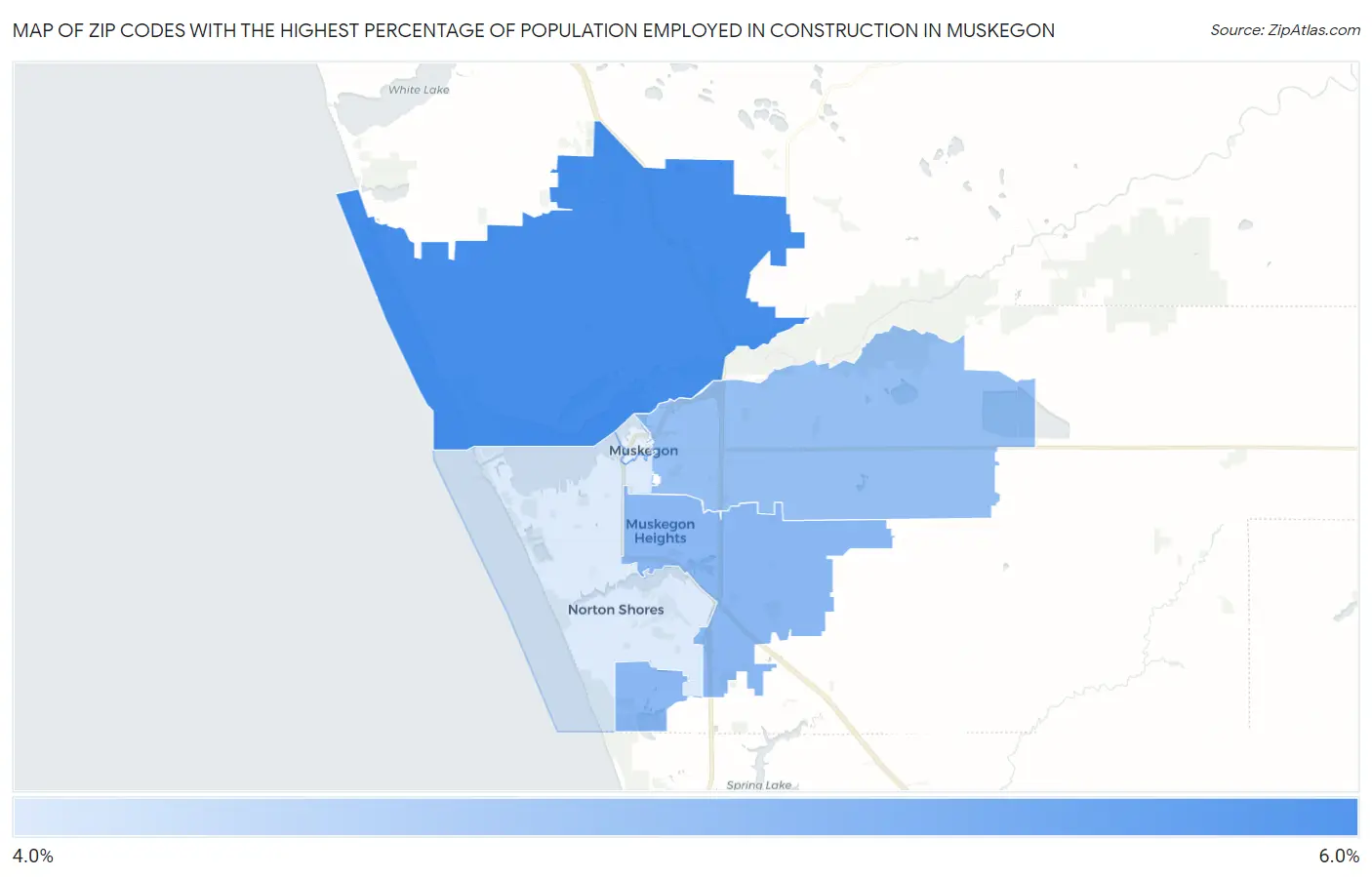 Zip Codes with the Highest Percentage of Population Employed in Construction in Muskegon Map