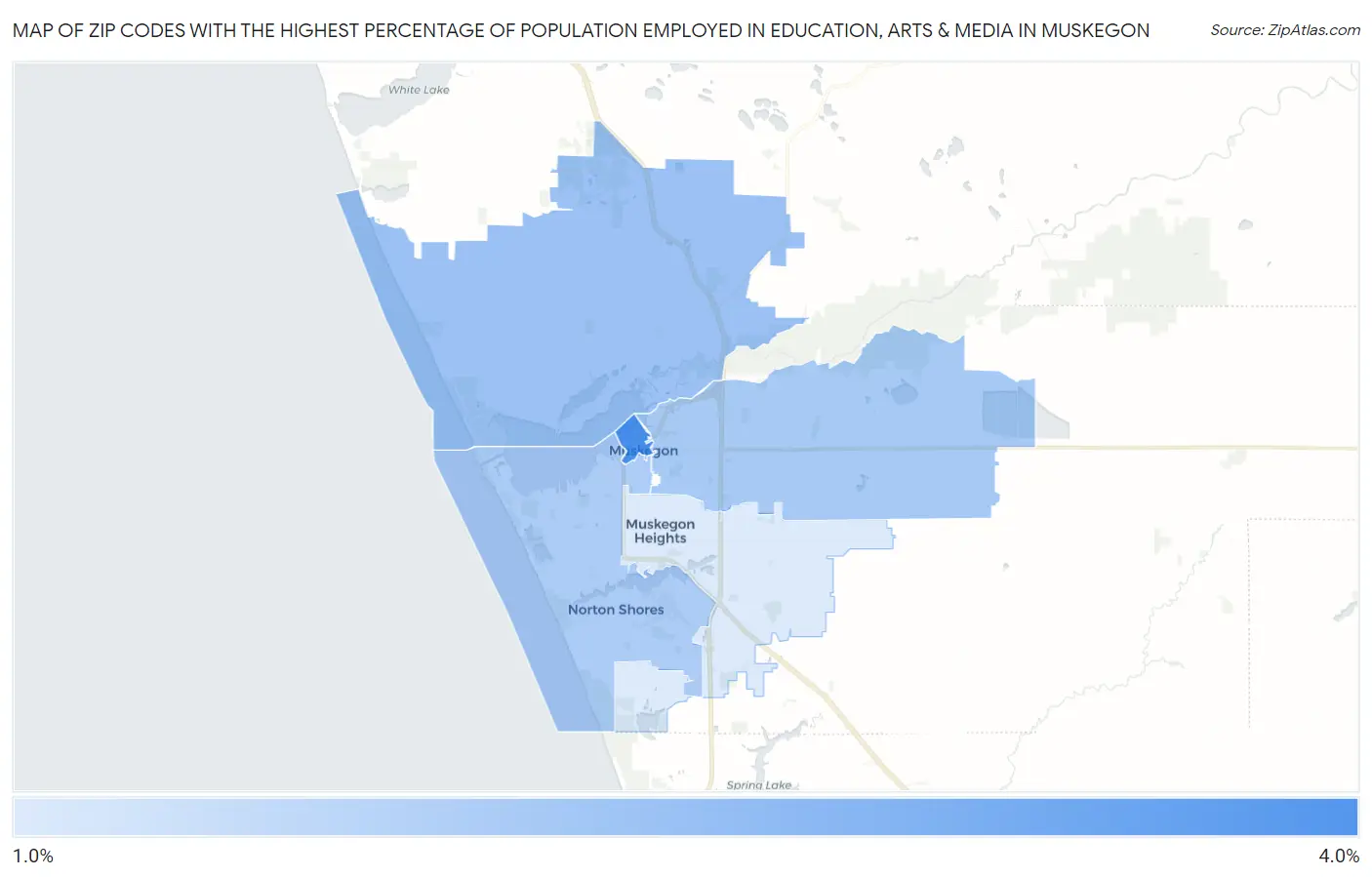 Zip Codes with the Highest Percentage of Population Employed in Education, Arts & Media in Muskegon Map