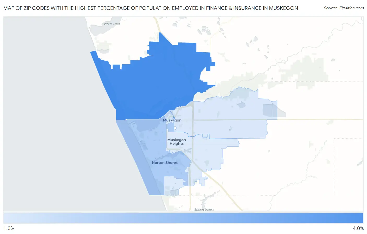 Zip Codes with the Highest Percentage of Population Employed in Finance & Insurance in Muskegon Map