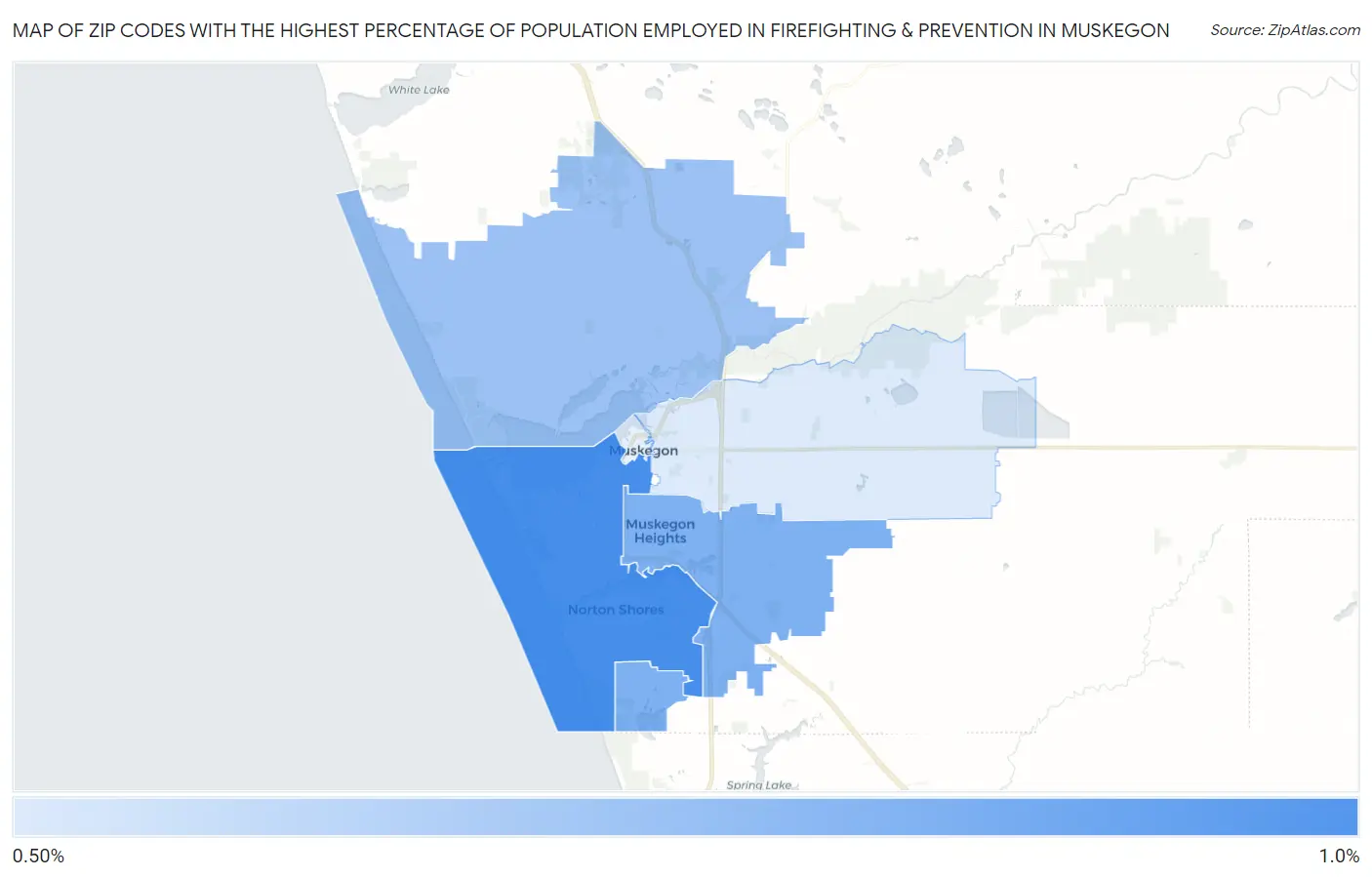 Zip Codes with the Highest Percentage of Population Employed in Firefighting & Prevention in Muskegon Map