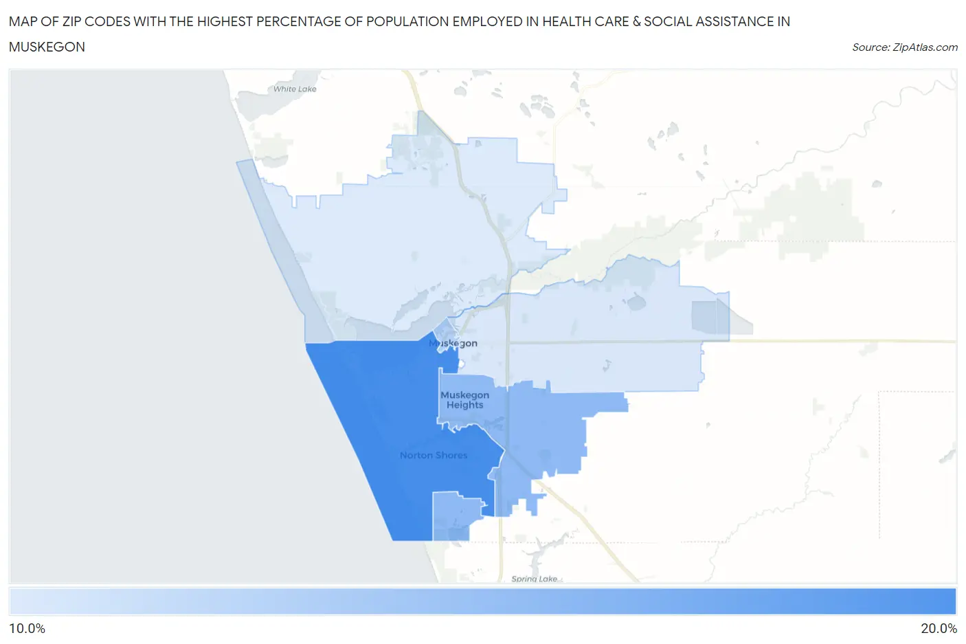 Zip Codes with the Highest Percentage of Population Employed in Health Care & Social Assistance in Muskegon Map