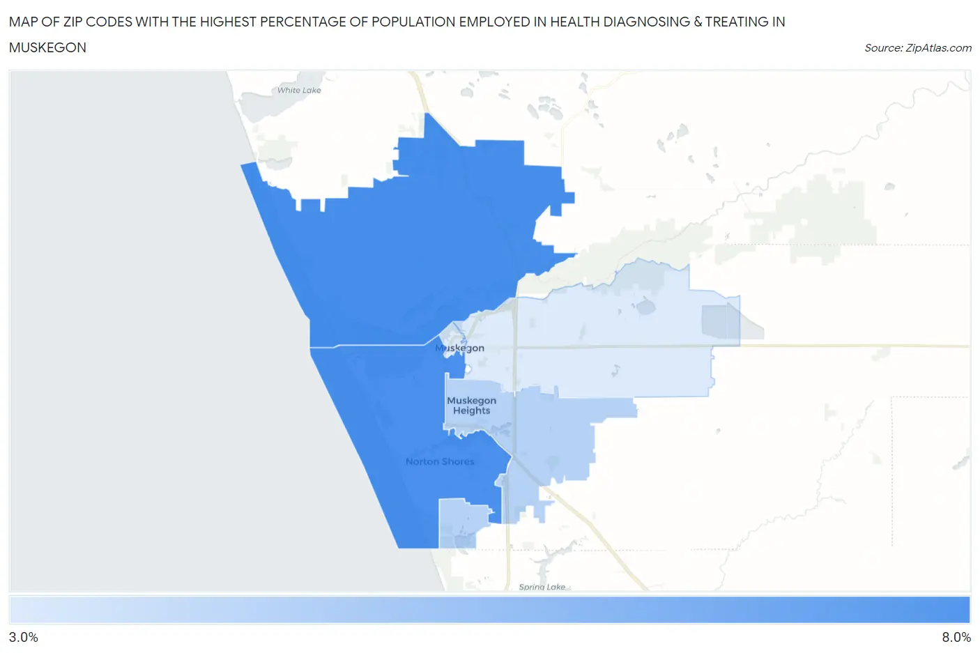 Zip Codes with the Highest Percentage of Population Employed in Health Diagnosing & Treating in Muskegon Map