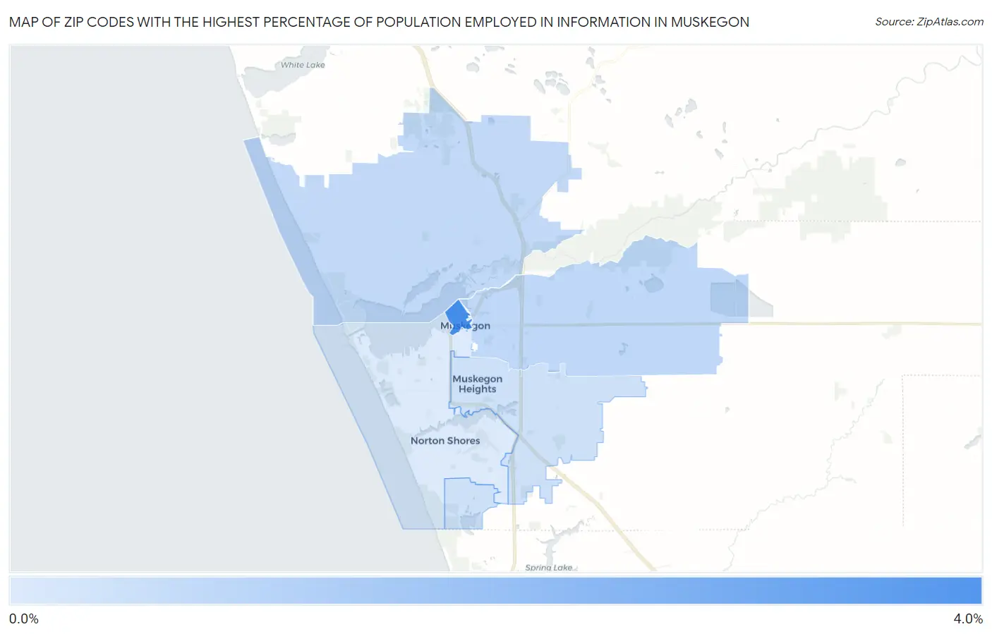 Zip Codes with the Highest Percentage of Population Employed in Information in Muskegon Map